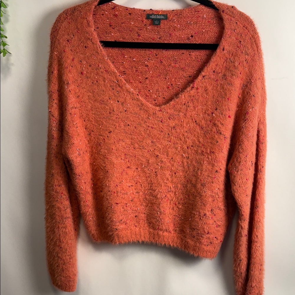 wild fable Orange Fuzzy V-Neck Sweater with Multicolor Flecks